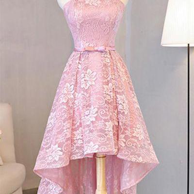 Pink Lace Lovely High Low Homecoming Dresses, Pink..