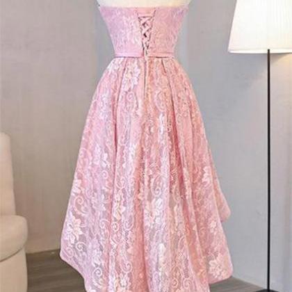 Pink Lace Lovely High Low Homecoming Dresses, Pink..