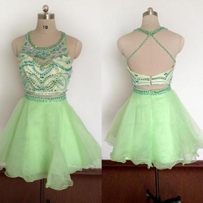 Green Organza Beaded Two Piece Homecoming Dresses,..