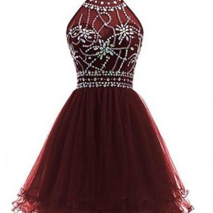 Wine Red Tulle Halter Beaded Gorgeous Lace-up Back..