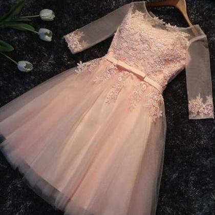 Light Pink Short Sleeves Lace Party Dress, Pink..