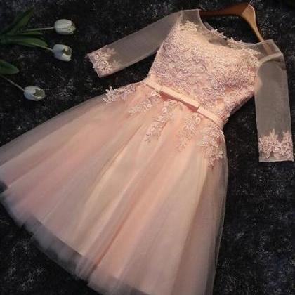 Light Pink Short Sleeves Lace Party Dress, Pink..