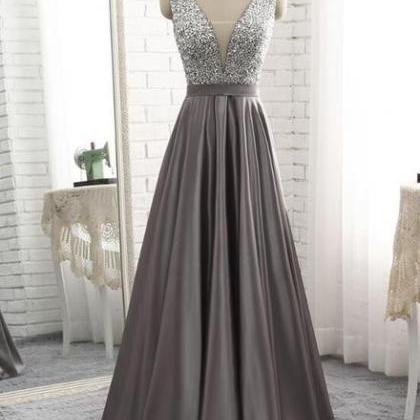 Grey Satin Long Beaded Junior Prom Dress,..