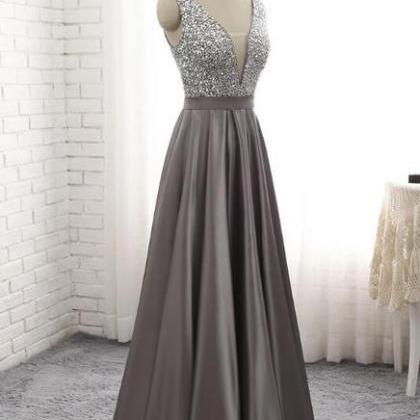 Grey Satin Long Beaded Junior Prom Dress,..