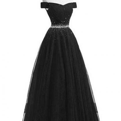 Black Tulle Bridesmaid Dress, Beaded Prom Dress ,..