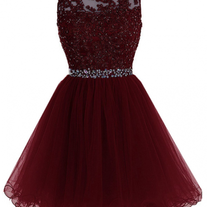 Maroon Tulle Lace And Beaded Homecoming Dress,..