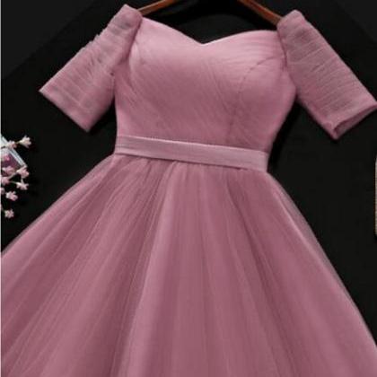 Dark Pink Off Shoulder Tulle Knee Length Bridesmaid Dress, Pink Wedding ...