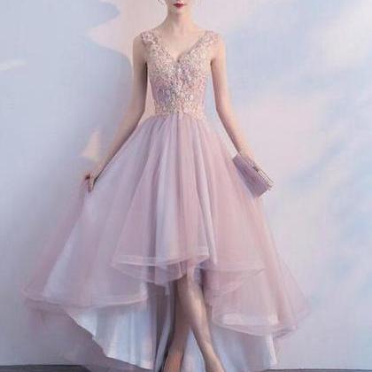 Pink V-neckline High Low Fashionable Party Dress,..