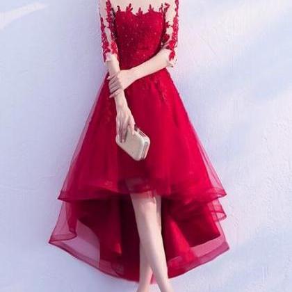 Wine Red High Low 1/2 Sleeves Tulle Prom Dress,..