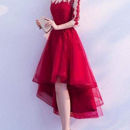 Wine Red High Low 1/2 Sleeves Tulle Prom Dress,..