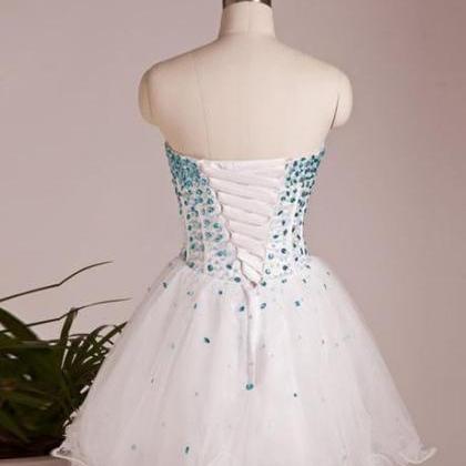Cute White Tulle Sweetheart Beaded Homecoming Dress, White Short Graduation Dresses Y1966