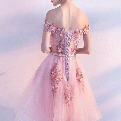 Pink Off Shoulder Tulle High Low Homecoming Dresses, Lovely Party Dress ...