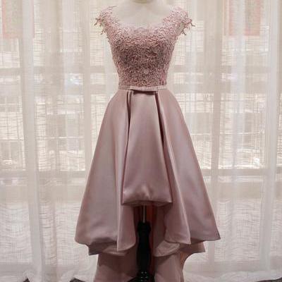Beautiful Light Pink Round Neckline High Low Lace..