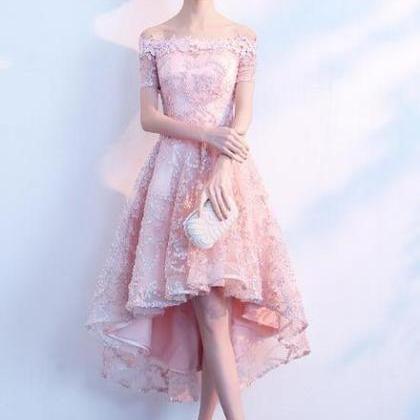 Light Pink Lace Off Shoulder High Low Party Dress,..