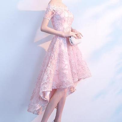 Light Pink Lace Off Shoulder High Low Party Dress,..