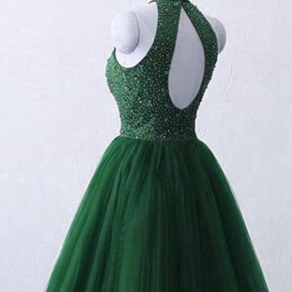 Cute Halter Beaded Green Tulle Formal Dress , Dark..