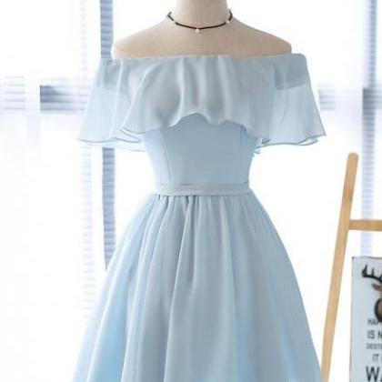 Simple Light Blue Off Shoulder Formal Dress ,..