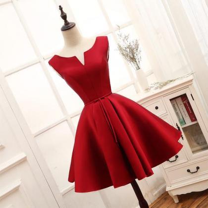 Red Satin Knee Length with Lace Party Dress, Red Short Homecoming Dress