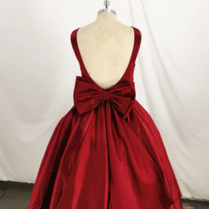 Dark Red Satin Backless Vintage Style Party Dress..