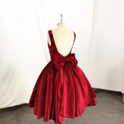 Dark Red Satin Backless Vintage Style Party Dress..