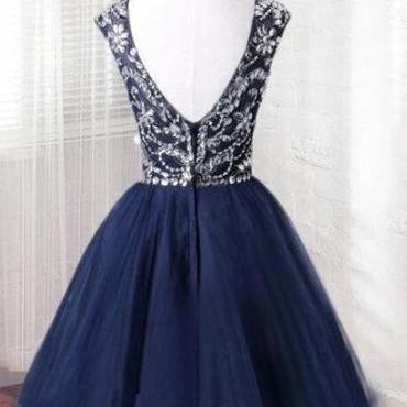 Short Tulle Beaded Dress Blue Knee Length..