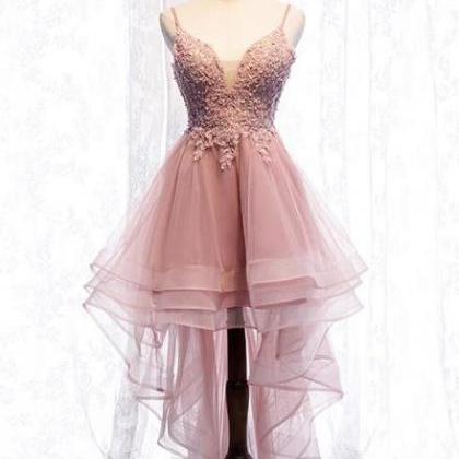 Straps Pink Homecoming Dress High Low Party Dress,..