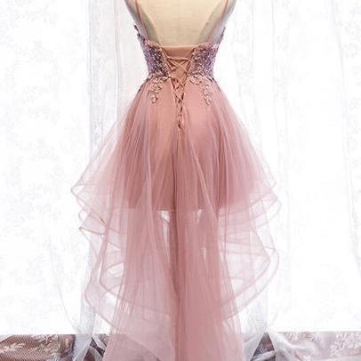 Straps Pink Homecoming Dress High Low Party Dress,..