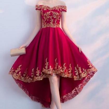 Dark Red Homecoming Dress , High Low Off Shoulder..