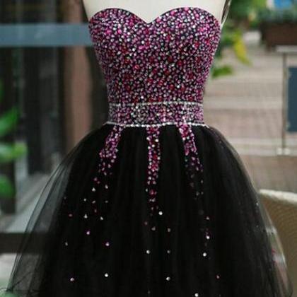 Lovely Beaded Black Tulle Short Homecoming Dress,..