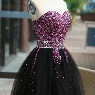 Lovely Beaded Black Tulle Short Homecoming Dress,..
