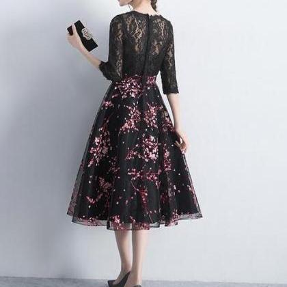 Black Lace Top With Floral Skirt Tea Length Party..