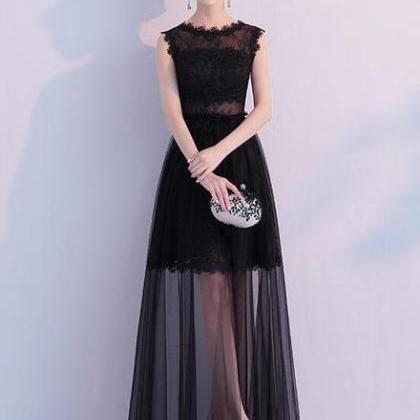 Black Tulle And Lace See Through Long Party Dress,..
