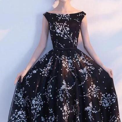 Black Floral Tea Length Evening Party Dress, Black..