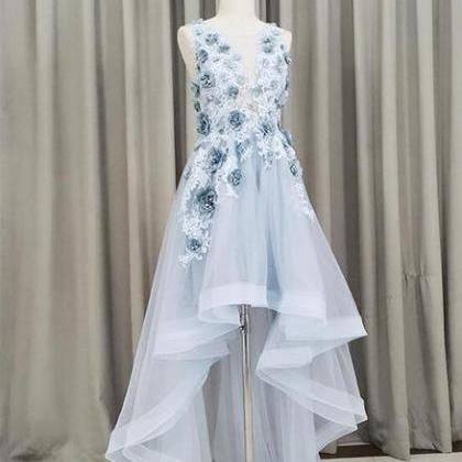 Light Blue Tulle Flowers High Low Party Dress ,..