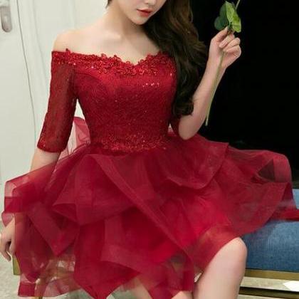 Charming Wine Red Short Sleeves Tulle Layer Party..