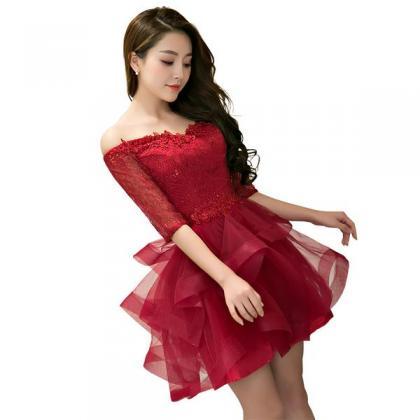 Charming Wine Red Short Sleeves Tulle Layer Party..