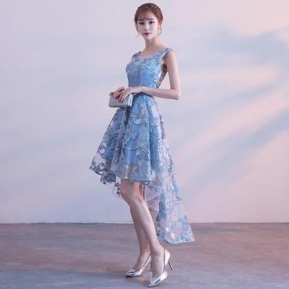 Cute Lace Blue Round Neckline Style Party Dress,..
