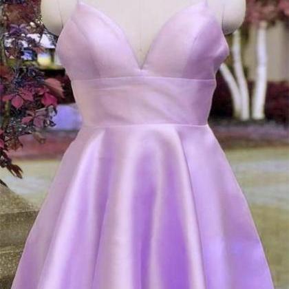 Cute Short Lavender Straps Satin Prom Dress,..