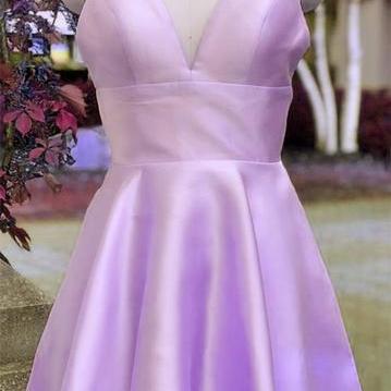 Cute Short Lavender Straps Satin Prom Dress,..