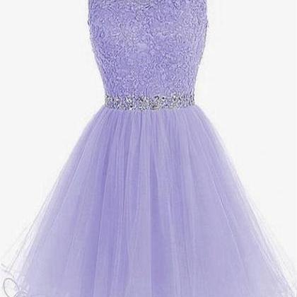 Cute Round Neck Lace Short Purple Prom Dresses,..