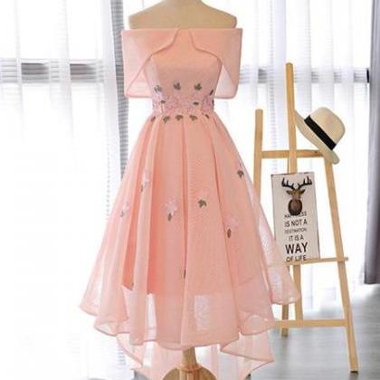 Pink Cute High Low Off Shoulder Homecoming Dress..