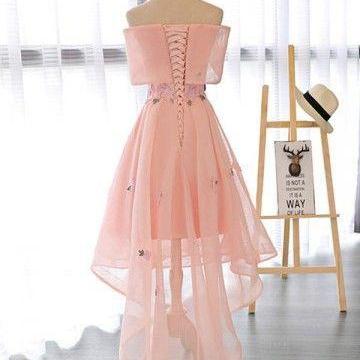 Pink Cute High Low Off Shoulder Homecoming Dress..