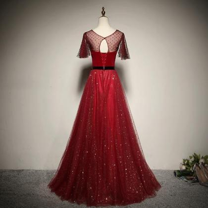 Red Tulle With Velvet Round Neckline Top Party..
