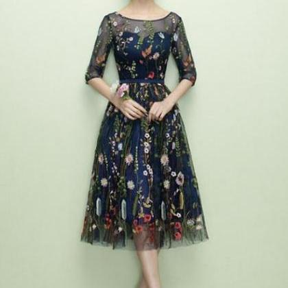 Lovely Navy Blue Lace Floral Knee Length..