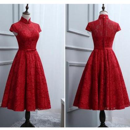 Red Lace Knee Length High Neckline Party Dress,..