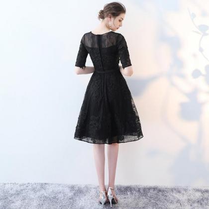 Cute Black Lace Short Sleeves Party Dress, Black..
