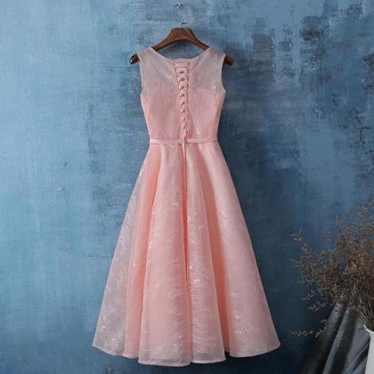 Pink Lace Tea Length Simple Bridesmaid Dress, Lace..