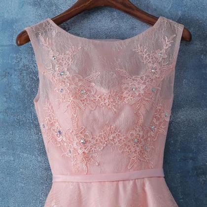 Pink Lace Tea Length Simple Bridesmaid Dress, Lace..