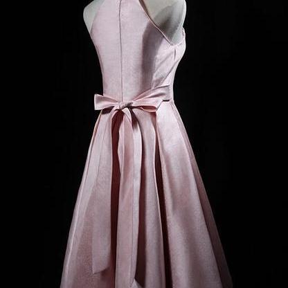 Pink Cute Short Satin Halter Homecoming Dress With..