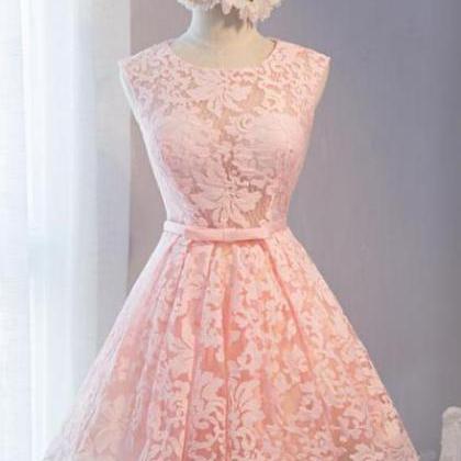 Pink Lace Knee Length Party Dress, Homecoming..